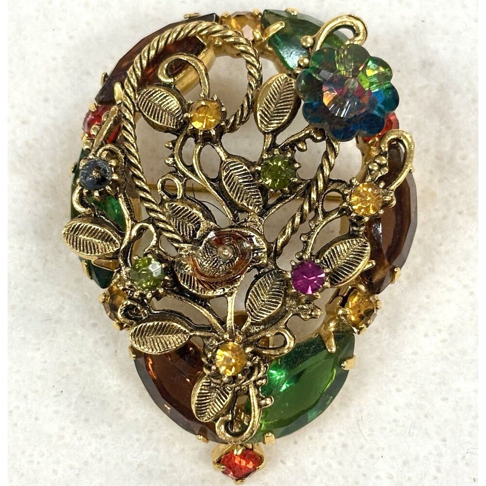 Vintage AB Rivoli Floral Brooch Gold Tone Green Amber Rhinestone Pin 1960s